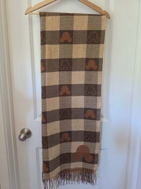 Disney Mickey Mouse Reversible Buffalo Plaid Fringe Scarf Brown Cozy
